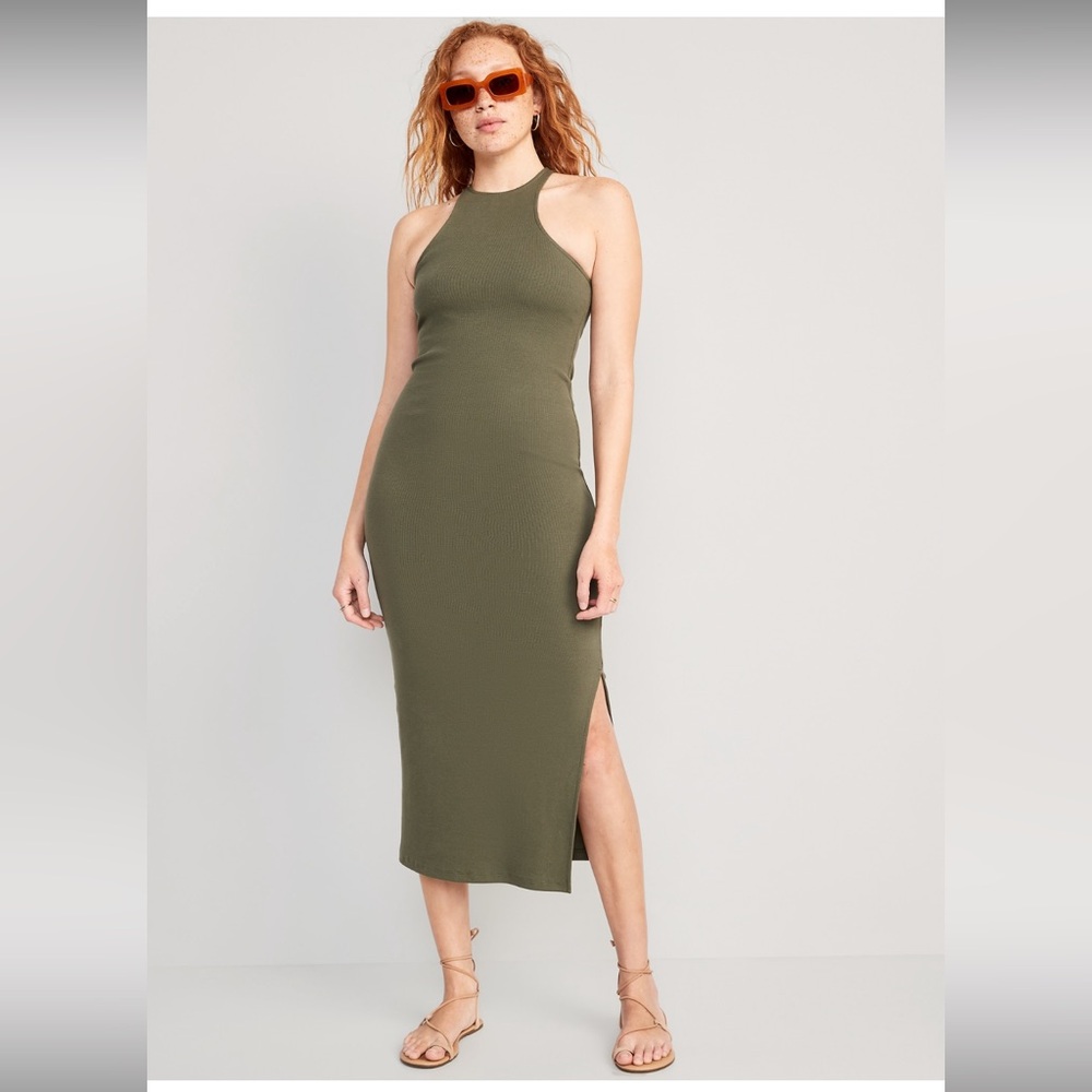 Fitted High-Neck Rib-Knit Maxi Dress